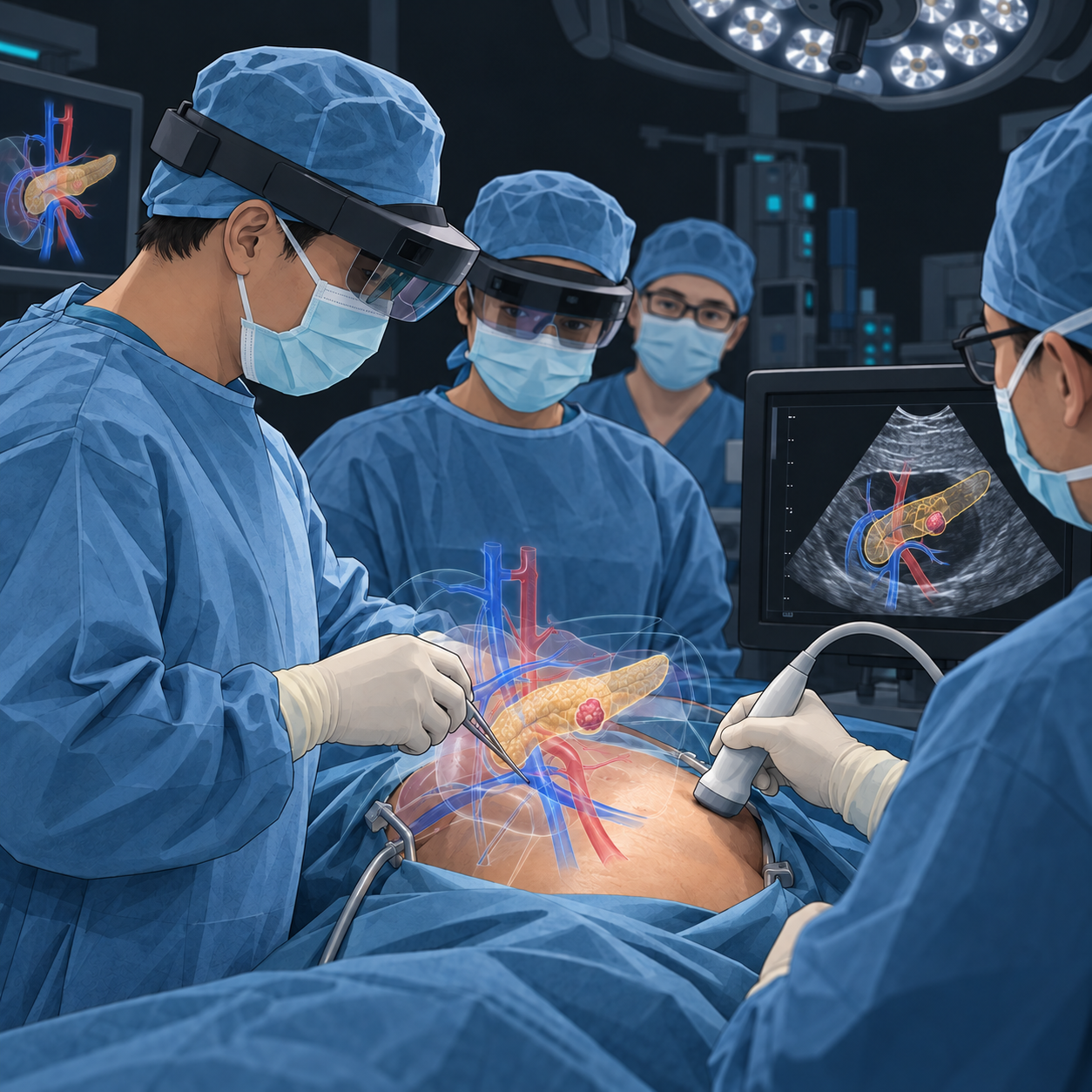 Illustration of surgeons using the ARAS augmented reality assistance system